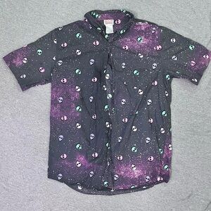 Alien Galaxy Button-Up Shirt - Black with Pink & Teal Accents